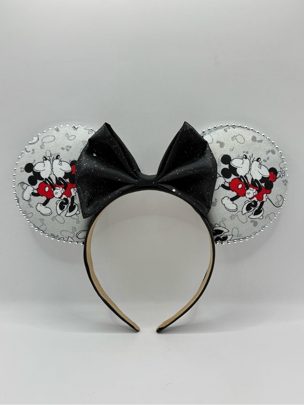 Minnie Mouse Inspired Sequin Ear Headband with Black Bow
